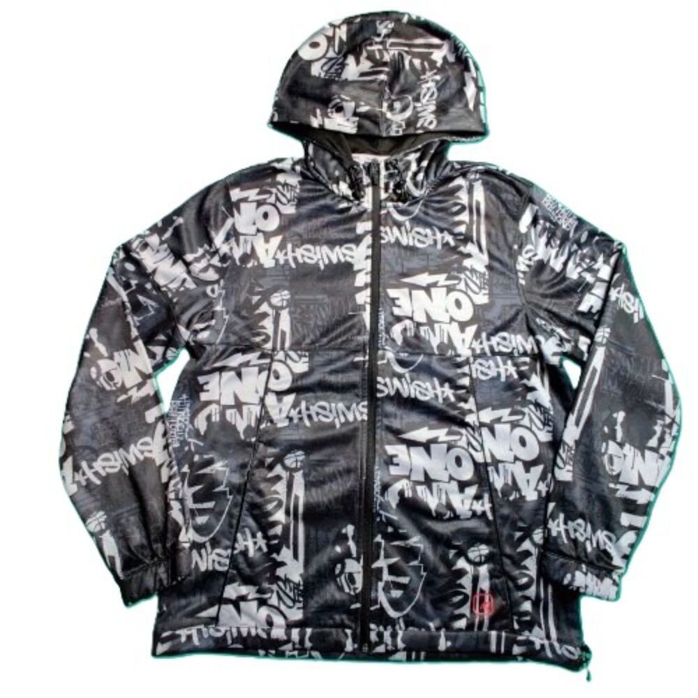 AND1 Full Zip Basketball Hoodie Jacket Black Gray Graffiti Zip Up Size M Y2K